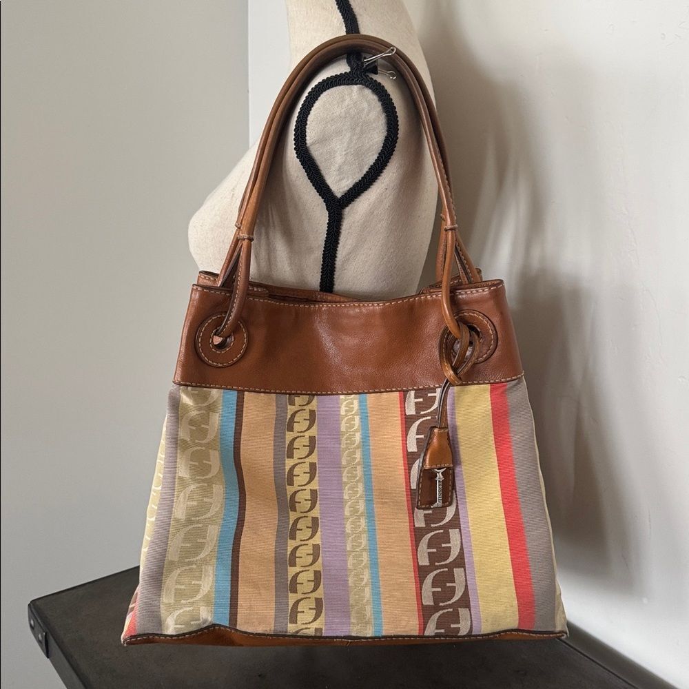 Fossil VINTAGE Textile and Leather Trim Striped Multicolor Shoulder HandBag GUC